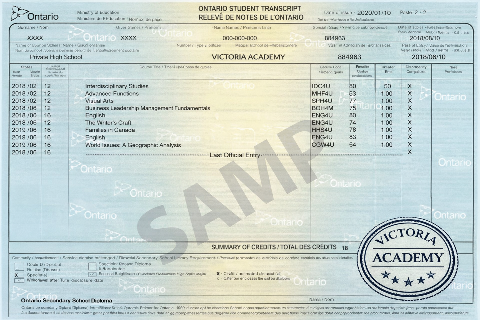 Ontario Student Transcript Page 2